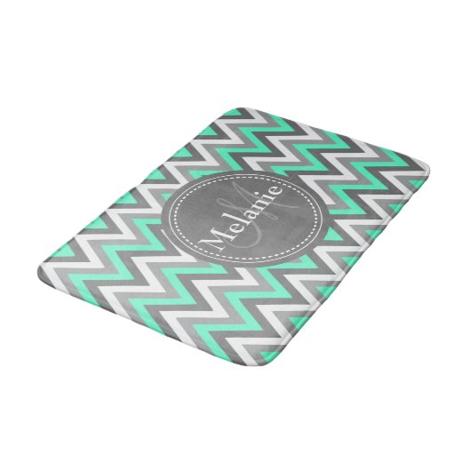 Monogrammed Blue & Gray Chevron Pattern Badmat (Gekanteld)