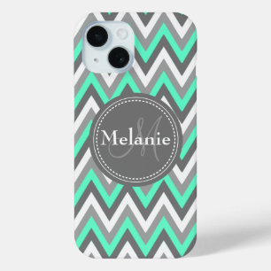 Monogrammed Blue & Gray Chevron Pattern iPhone 15 Case