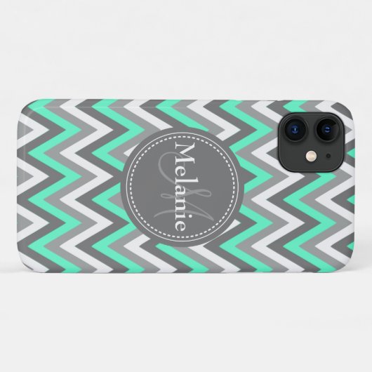 Monogrammed Blue & Gray Chevron Pattern Case-Mate iPhone Case (Achterkant (horizontaal))