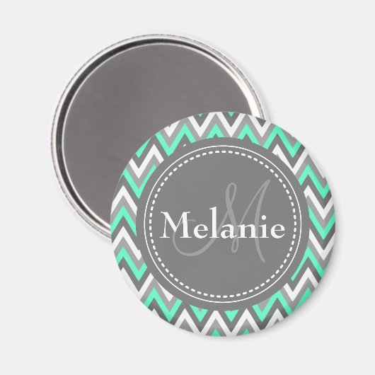 Monogrammed Blue & Gray Chevron Pattern Magneet (Voorkant / Achterkant)