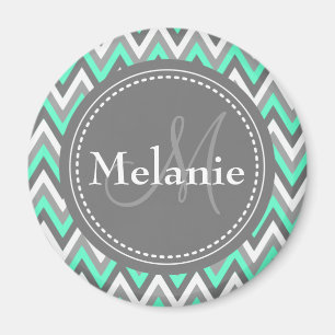 Monogrammed Blue & Gray Chevron Pattern Magneet