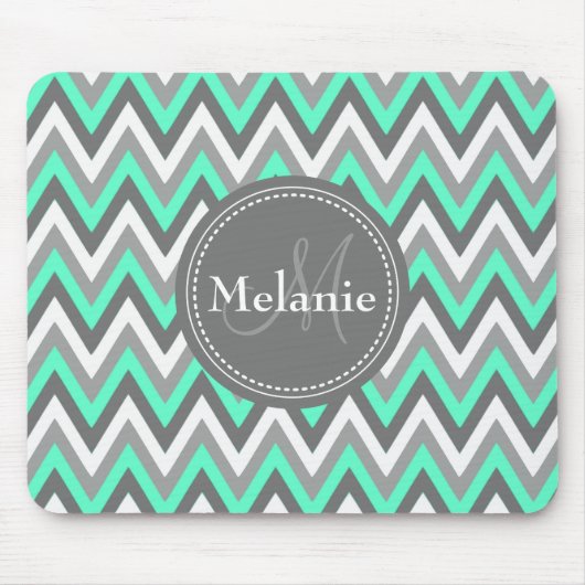 Monogrammed Blue & Gray Chevron Pattern Muismat (Voorkant)