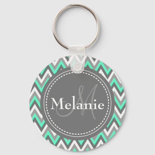 Monogrammed Blue & Gray Chevron Pattern Sleutelhanger (Voorkant)