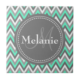 Monogrammed Blue & Gray Chevron Pattern Tegeltje