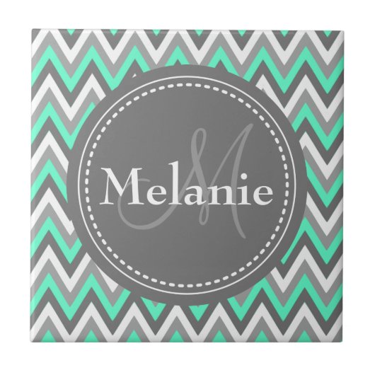 Monogrammed Blue & Gray Chevron Pattern Tegeltje (Voorkant)