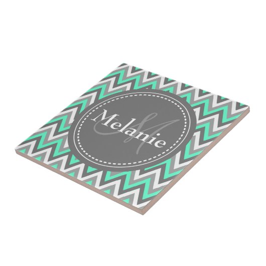 Monogrammed Blue & Gray Chevron Pattern Tegeltje (Zijkant)
