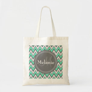 Monogrammed Blue & Gray Chevron Pattern Tote Bag