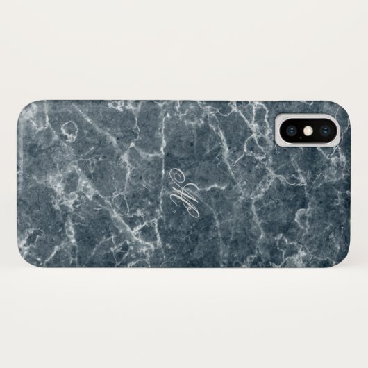 Monogrammed Blue Gray Marble Pattern Case-Mate iPhone Case (Achterkant (horizontaal))