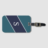 Monogrammed Blue Green and Navy Geometric Stripe Bagagelabel (Voorkant (horizontaal))