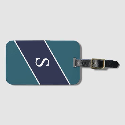 Monogrammed Blue Green and Navy Geometric Stripe Bagagelabel (Voorkant (horizontaal))