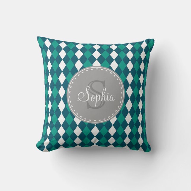Monogrammed Blue Green Diamdons Pattern Kussen (Voorkant)