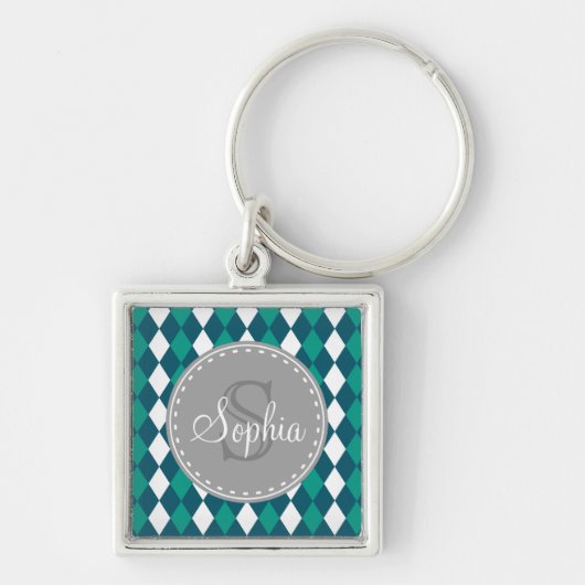 Monogrammed Blue Green Diamdons Pattern Sleutelhanger (Voorkant)