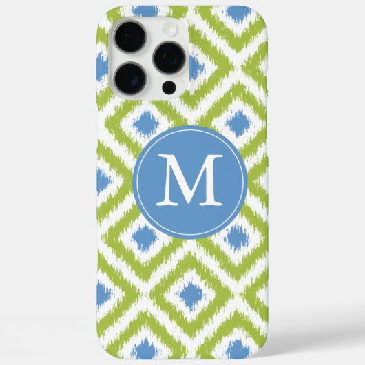 Monogrammed Blue Green Diamond Ikat Pattern Case-Mate iPhone Case (Achterkant)