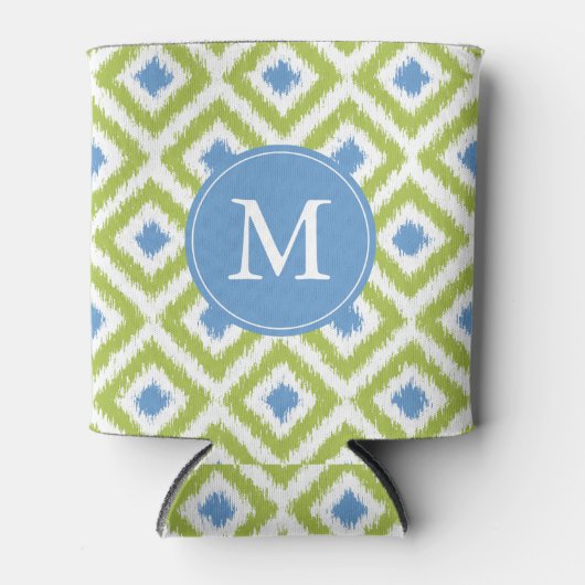 Monogrammed Blue Green Ikat Diamonds Pattern Blikjeskoeler (Voorkant)