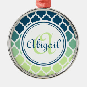 Monogrammed Blue Green Moroccan Lattice Pattern Metalen Ornament