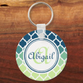 Monogrammed Blue Green Moroccan Lattice Pattern Sleutelhanger (Voorkant)