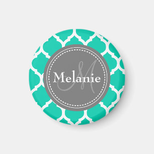 Monogrammed Blue & Grey Quatrefoil Magneet