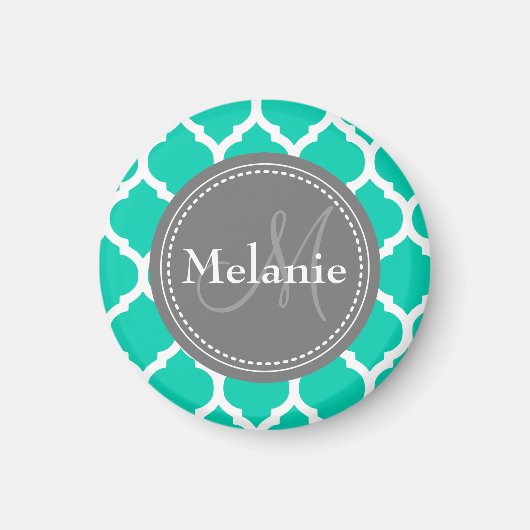 Monogrammed Blue & Grey Quatrefoil Magneet (Voorkant)