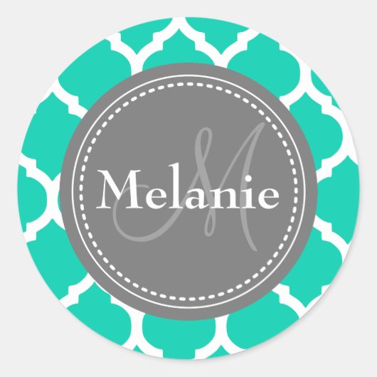 Monogrammed Blue & Grey Quatrefoil Ronde Sticker (Voorkant)