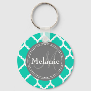Monogrammed Blue & Grey Quatrefoil Sleutelhanger