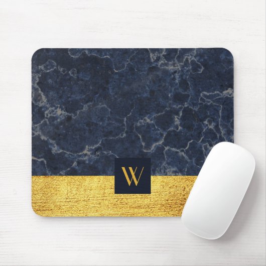 Monogrammed Blue Marble Faux Gold Texture Print Muismat (Met muis)