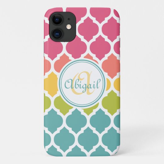 Monogrammed Blue Pink Moroccan Lattice Pattern Case-Mate iPhone Case (Achterkant)