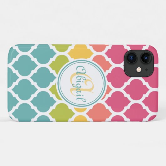 Monogrammed Blue Pink Moroccan Lattice Pattern Case-Mate iPhone Case (Achterkant (horizontaal))