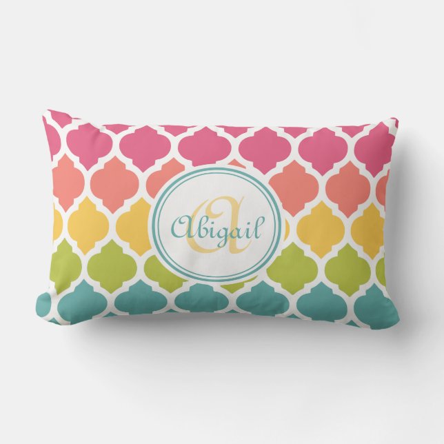 Monogrammed Blue Pink Moroccan Lattice Pattern Kussen (Voorkant)
