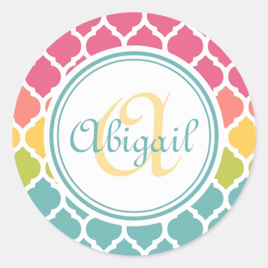 Monogrammed Blue Pink Moroccan Lattice Pattern Ronde Sticker (Voorkant)