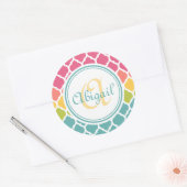Monogrammed Blue Pink Moroccan Lattice Pattern Ronde Sticker (Envelop)