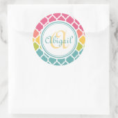 Monogrammed Blue Pink Moroccan Lattice Pattern Ronde Sticker (Tas)