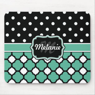 Monogrammed Blue Quatrefoil Lattice Polka Dot Muismat