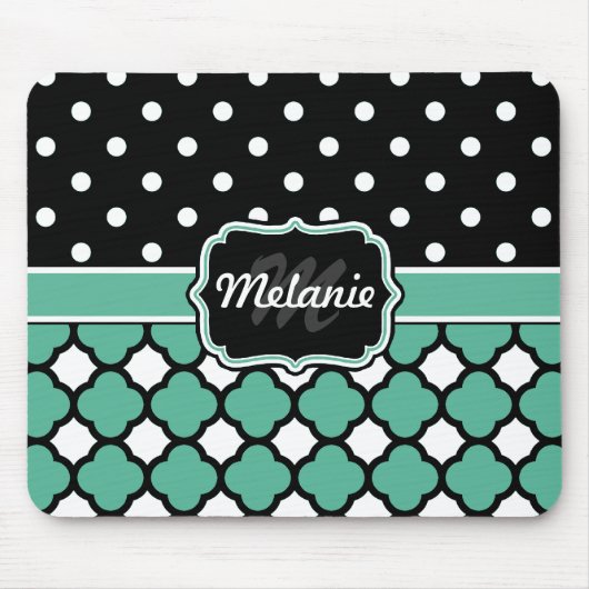 Monogrammed Blue Quatrefoil Lattice Polka Dot Muismat (Voorkant)