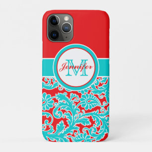 Monogrammed Blue, Red, White Damask iPhone 11 Case-Mate iPhone Case