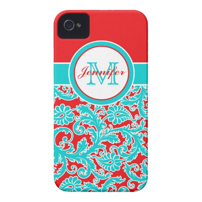 Monogrammed Blue, Red, White Damask iPhone 4 Case-Mate iPhone Case (Achterkant)