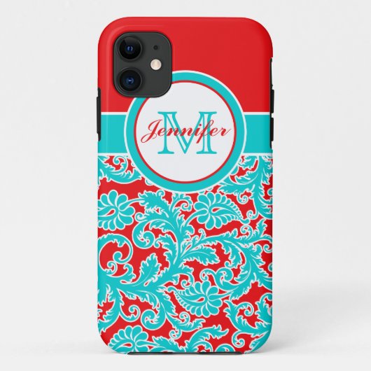 Monogrammed Blue, Red, White Damask iPhone 5 Case-Mate iPhone Case (Achterkant)