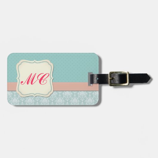 Monogrammed Blue - Roze Chic Damask Bagagelabel (Voorkant horizontaal)