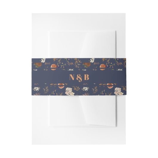 Monogrammed Blue Rust Floral Wedding Uitnodigingen Wikkel (Voorkant Voorbeeld)