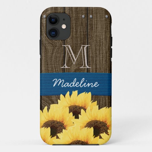 MONOGRAMMED BLUE RUSTIC SUNFLOWER Case-Mate iPhone CASE (Achterkant)