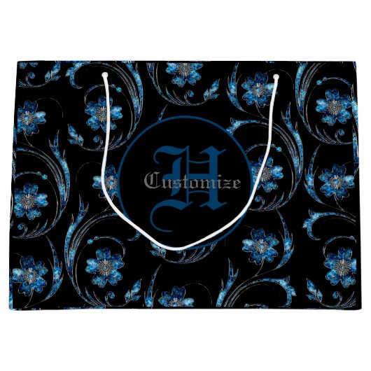 Monogrammed Blue Shimmer Floral 2 Groot Cadeauzakje (Voorkant)