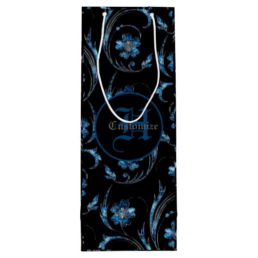 Monogrammed Blue Shimmer Floral 2 Wijn Cadeautas (Achterkant)