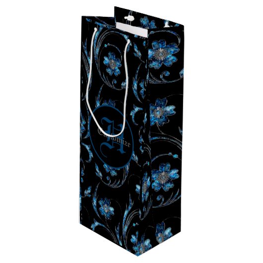 Monogrammed Blue Shimmer Floral 2 Wijn Cadeautas (Voorkant Gekanteld)