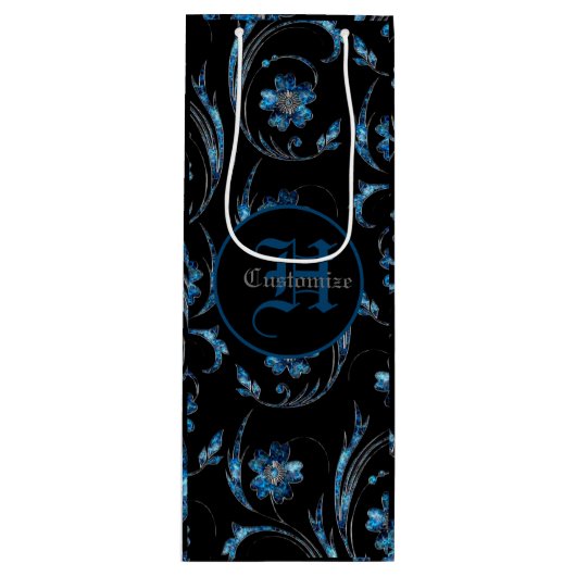 Monogrammed Blue Shimmer Floral 2 Wijn Cadeautas (Voorkant)