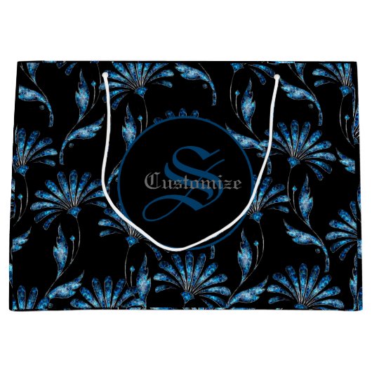Monogrammed Blue Shimmer Floral Groot Cadeauzakje (Voorkant)