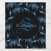 Monogrammed Blue Shimmer Floral Wijn Etiket (Enkel label)