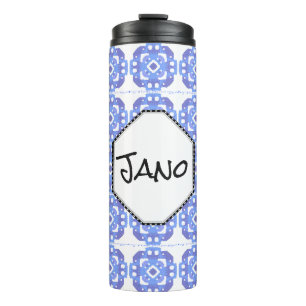 Monogrammed Blue Square Pattern Thermal Tumbler Thermosbeker