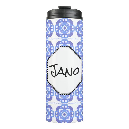 Monogrammed Blue Square Pattern Thermal Tumbler Thermosbeker (Voorkant)