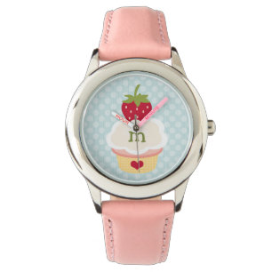 Monogrammed Blue Strawberry Cupcake Horloge