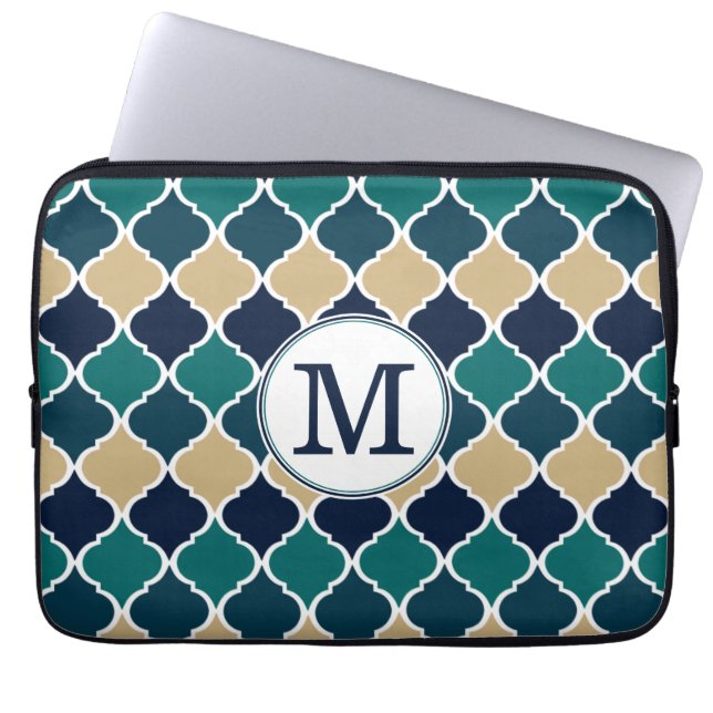 Monogrammed Blue Tan Moroccan Lattice Pattern Laptop Sleeve (Voorkant)