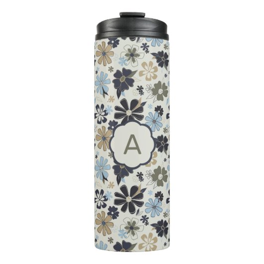 Monogrammed Blue Tan Olive Outline Flowers Floral Thermosbeker (Voorkant)